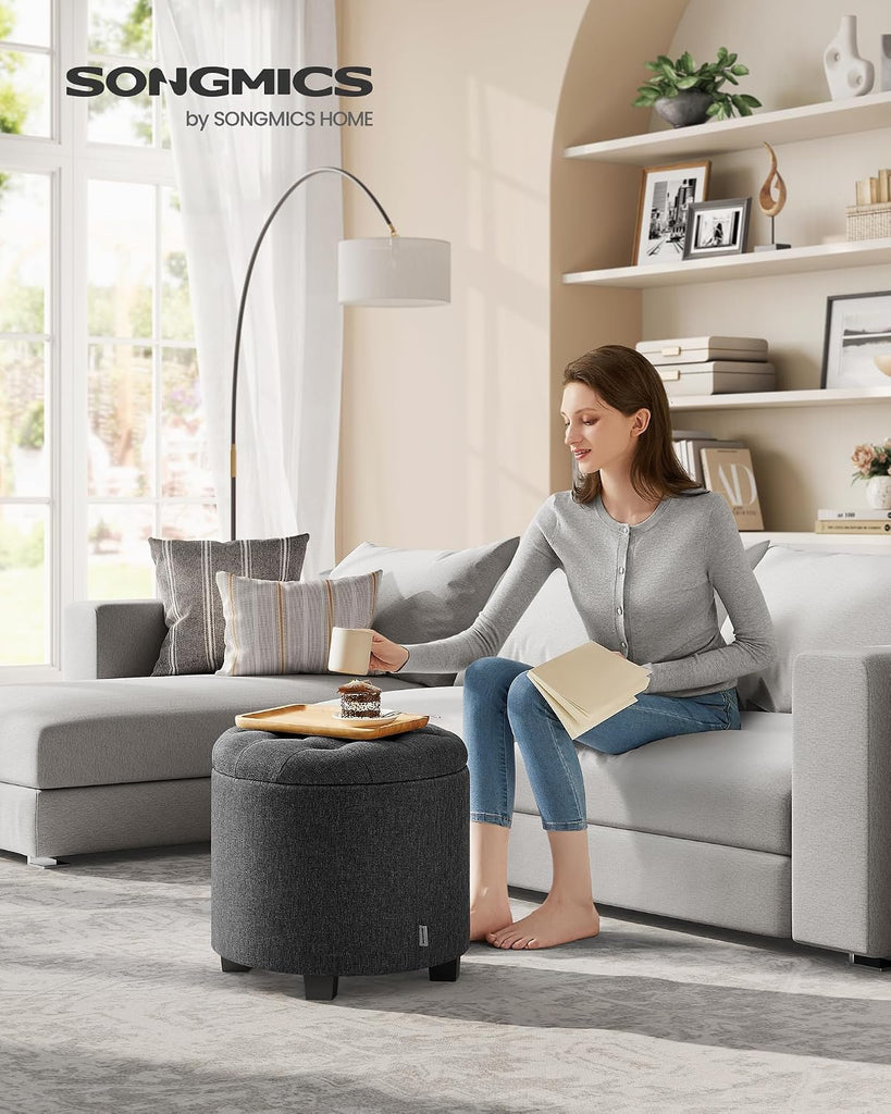 Round Ottoman, Ottoman with Storage, 17.7 Dia. x 17.5 H Inches Foot Rest with Legs, Load up to 330 lb, Dark Gray