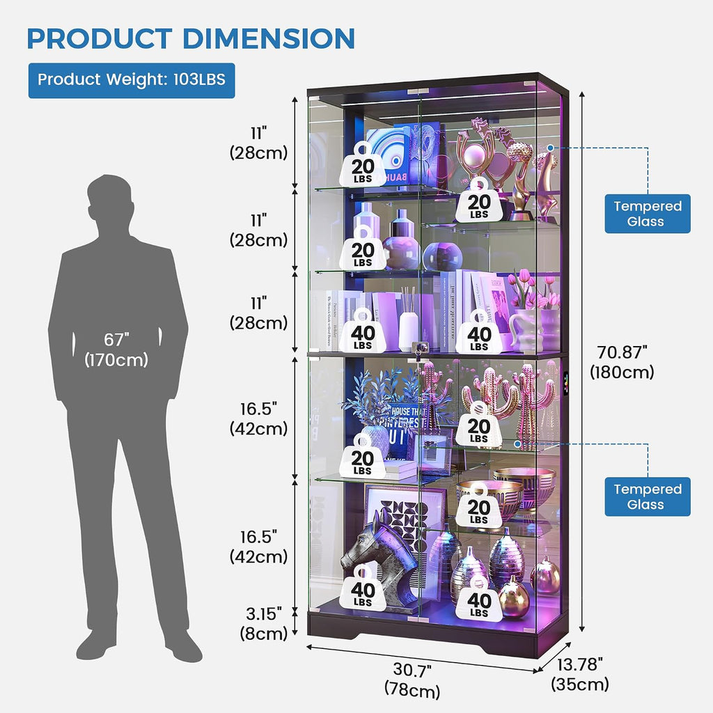 Lockable Display Cabinet with Glass Doors and RGB Lights - Black | 71" Tall; 10-Tiers Shelves; Pop-Up Tempered Glass;