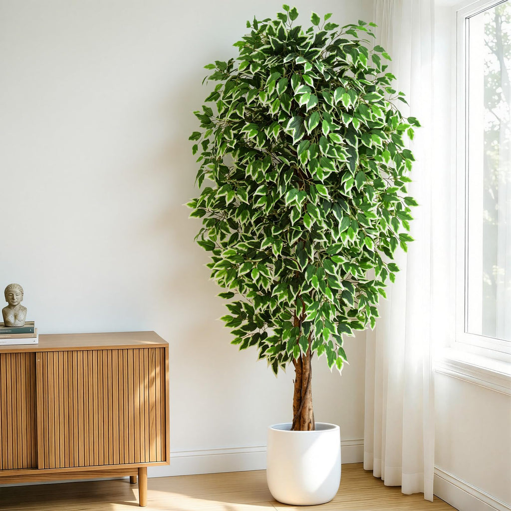 7ft Large Ficus Artificial Trees with Natural Curved Trunks, 84" Tall Lush Faux Tree Decor Indoor, Green Lifelike