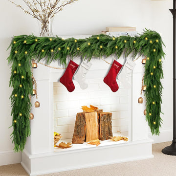 9 FT Artificial Norfolk Pine Garlands with Lights, Pre-Lit Christmas Garland, Real Touch Pine Artificial Faux