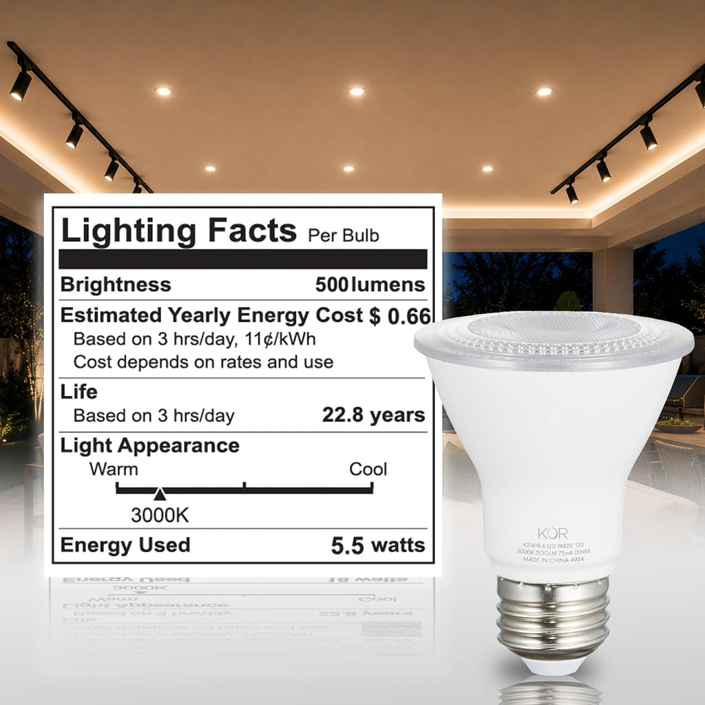 5.5W PAR20 LED Flood Bulb, Dimmable, E26 Base, 3000K Soft White, 6-Pack