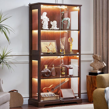 Farmhouse Glass Display Cabinet with Lock, Walnut | Wooden Curio Cabinets with Glass Doors, 3-Color Motion-Sensor