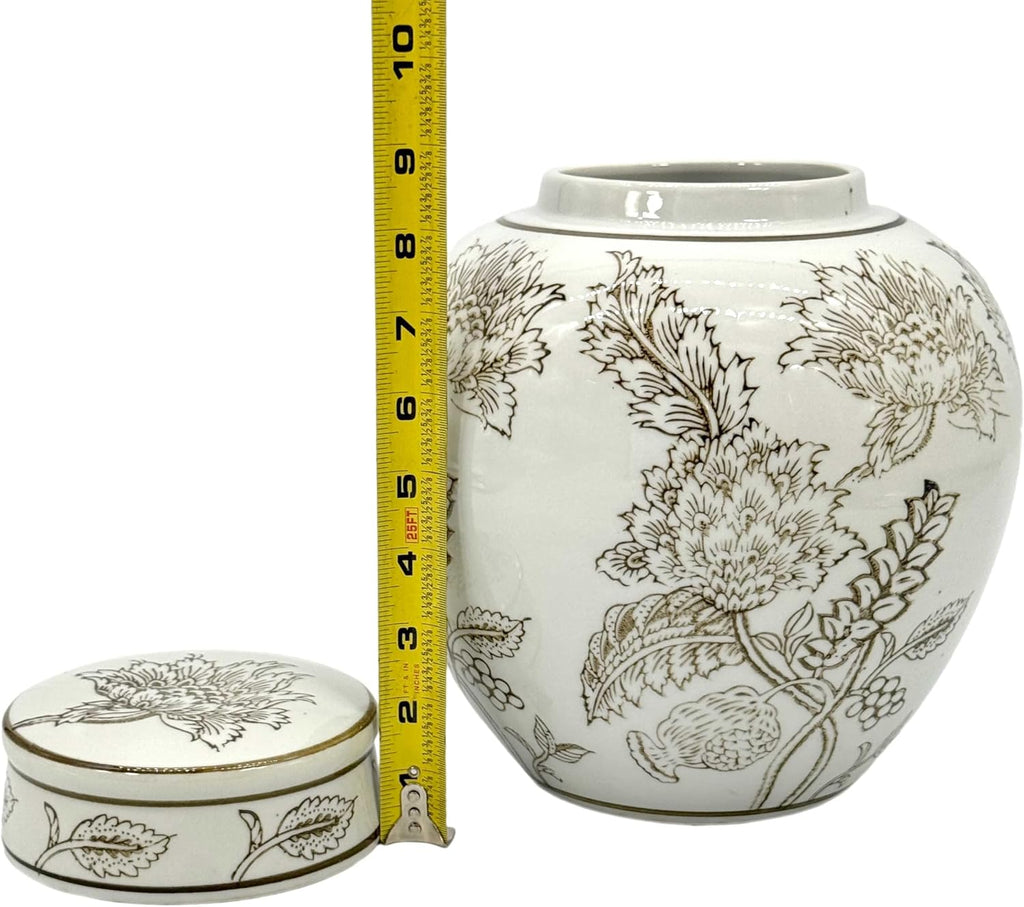 White & Brown Flower Chinoiserie Round Ginger Jar 10" with Lid - Ginger Jar, Decorative, Home Decor Jar