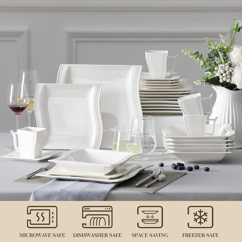Ivory White Dinnerware Sets, 30-Piece Porcelain Plates and Bowls Sets, Modern Dish Set for 6, Square Plates