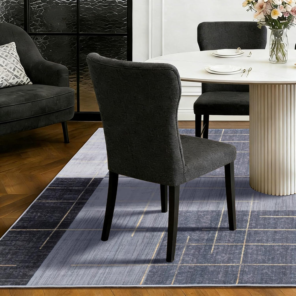 Washable Abstract Modern Area Rugs, Contemporary Geometric Checkered Rug Non Slip Low Pile, Blue and Grey White
