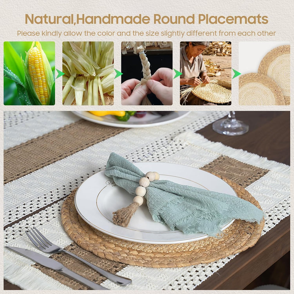 Handmade Boho Placemats Set of 6 - Natural Cotton Burlap and Water Straw Woven Combination Table Mats, Macrame Décor