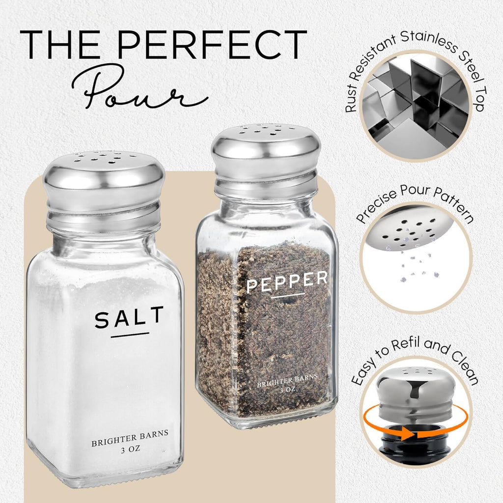 Glass Salt and Pepper Shakers Set with Holder by - Modern Kitchen Decor, Dining Table Countertop Accessory - Cute - Set of 2