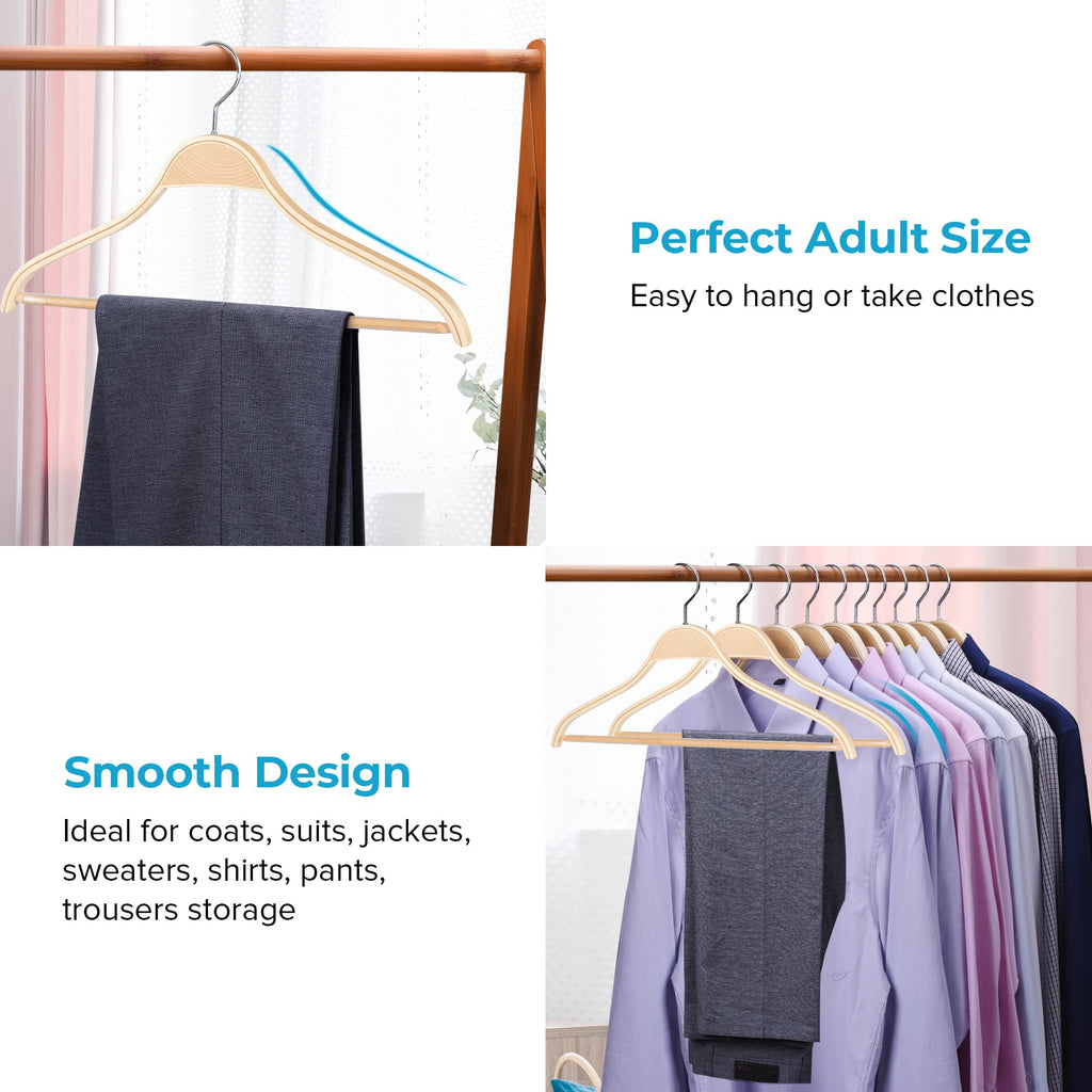 Wooden Coat Hangers, 30 Pack Light Weight Wood Coat/Suit Hangers with Non-Slip Pant Bar, Natural Finish
