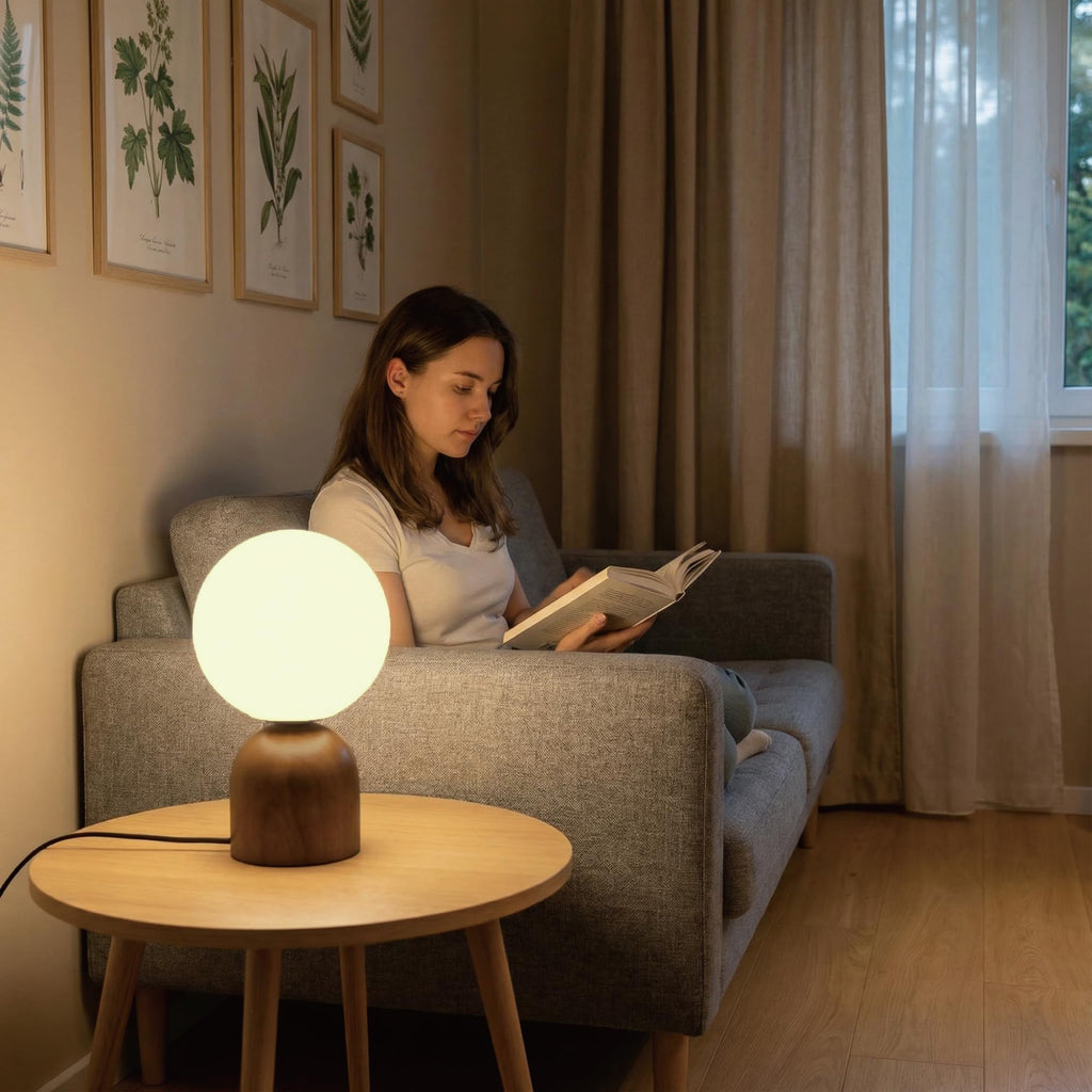 9.8" Dimmable Solid Wood Table Lamp with Opal Glass Globe Shade, Walnut