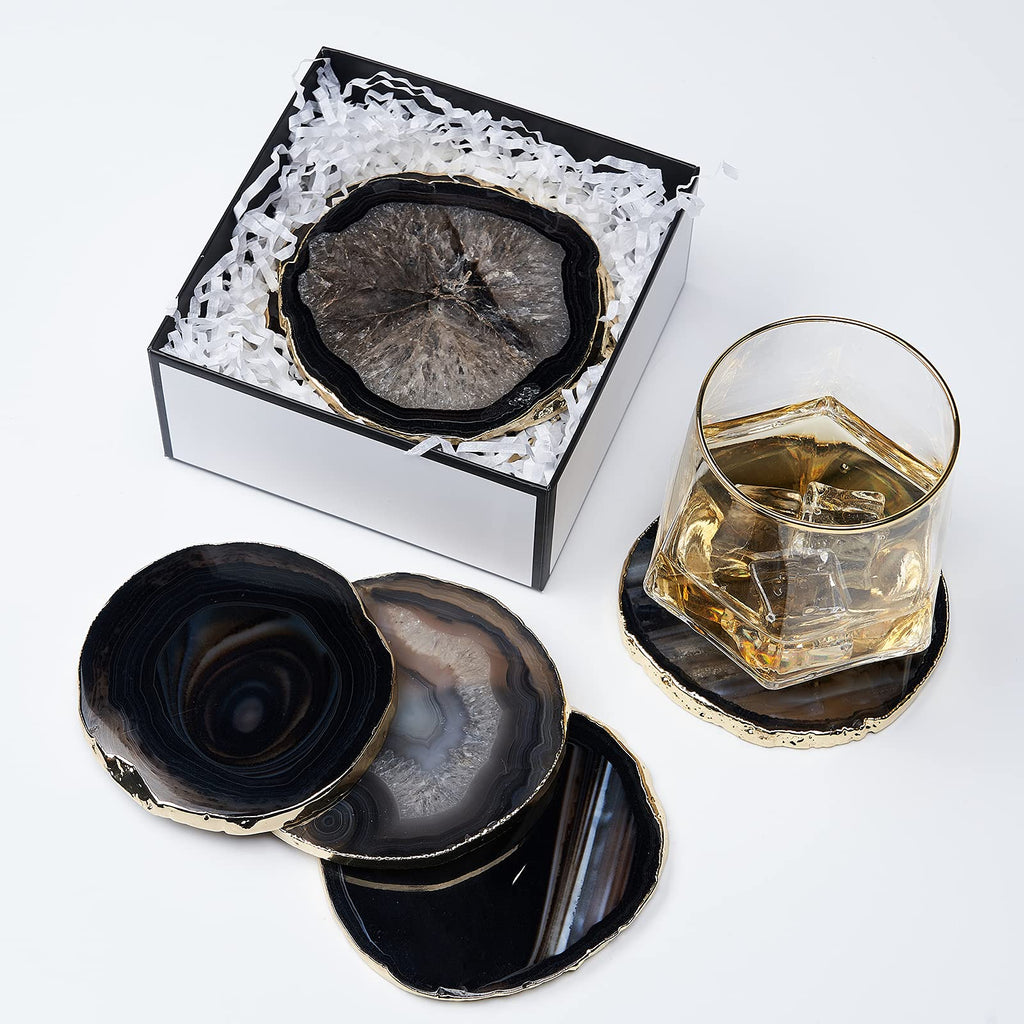 Agate Coaster Geode Coaster for Drinks Gemstone Natural Stone Coaster Agate Slices Coaster Cup Mat Decor by (Black