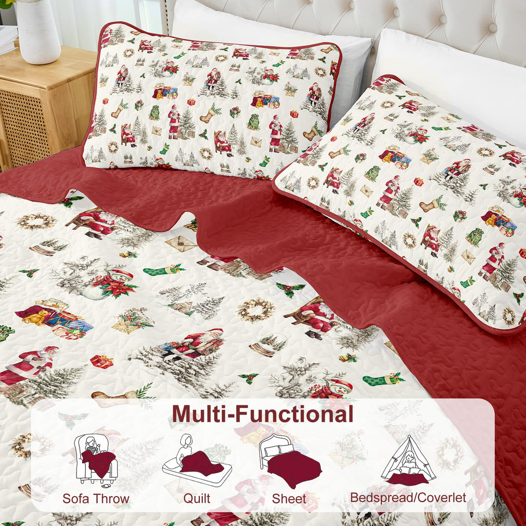 Christmas King Quilt Set, Red Xmas Holiday Bedding