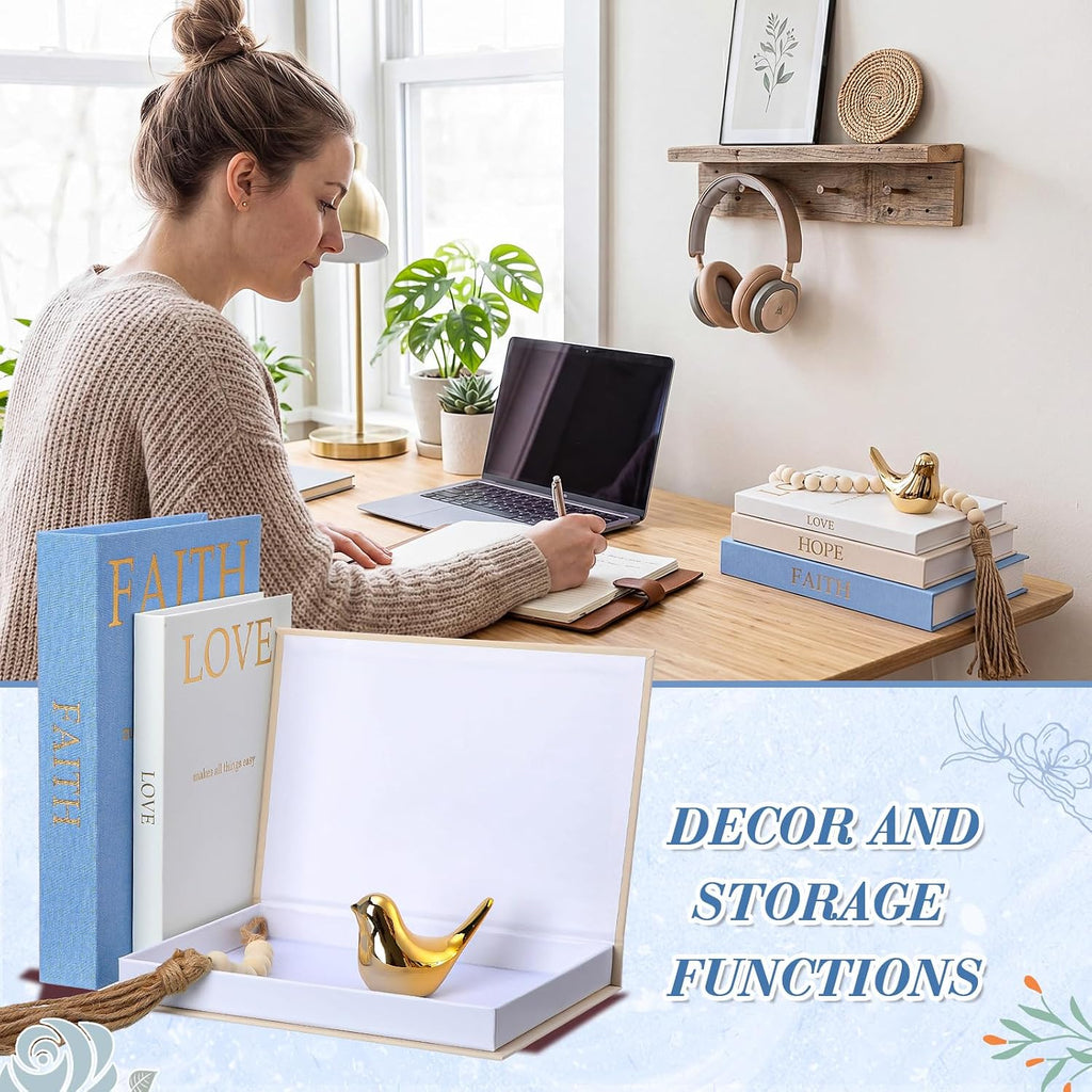 Set of 3 Linen Decorative Books Set Includes Gold Bird and Wooden Beaded Tassel Elegant Aesthetic Fake Books for