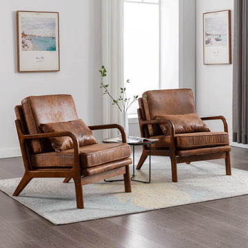 Mid Century Modern Accent Chair Set of 2 Living Room- Comfy Solid Wood Arm Chair with Lumber Pillow Lounge Decorative