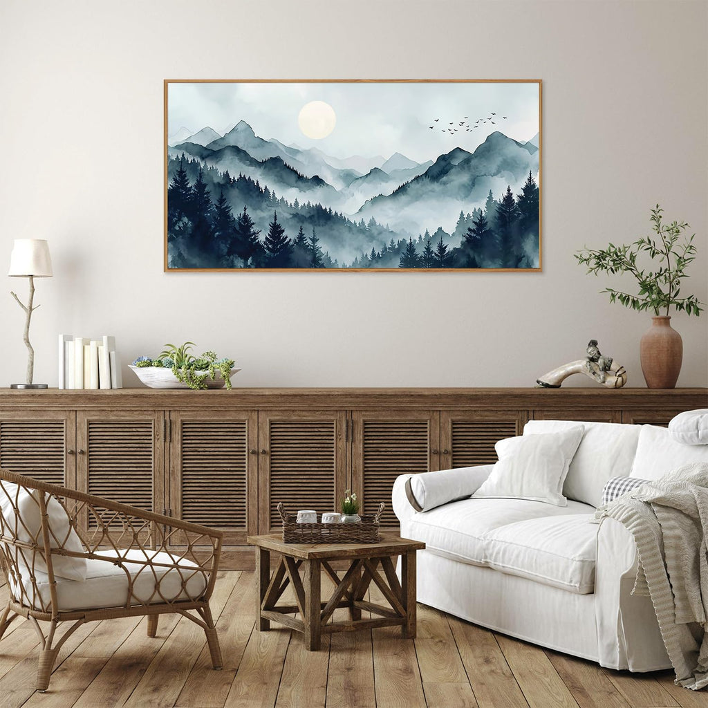 Large Foggy Mountain Framed Canvas Wall Art, Misty Forest Scenery Wall Decor, Minimalist Watercolor Landscape