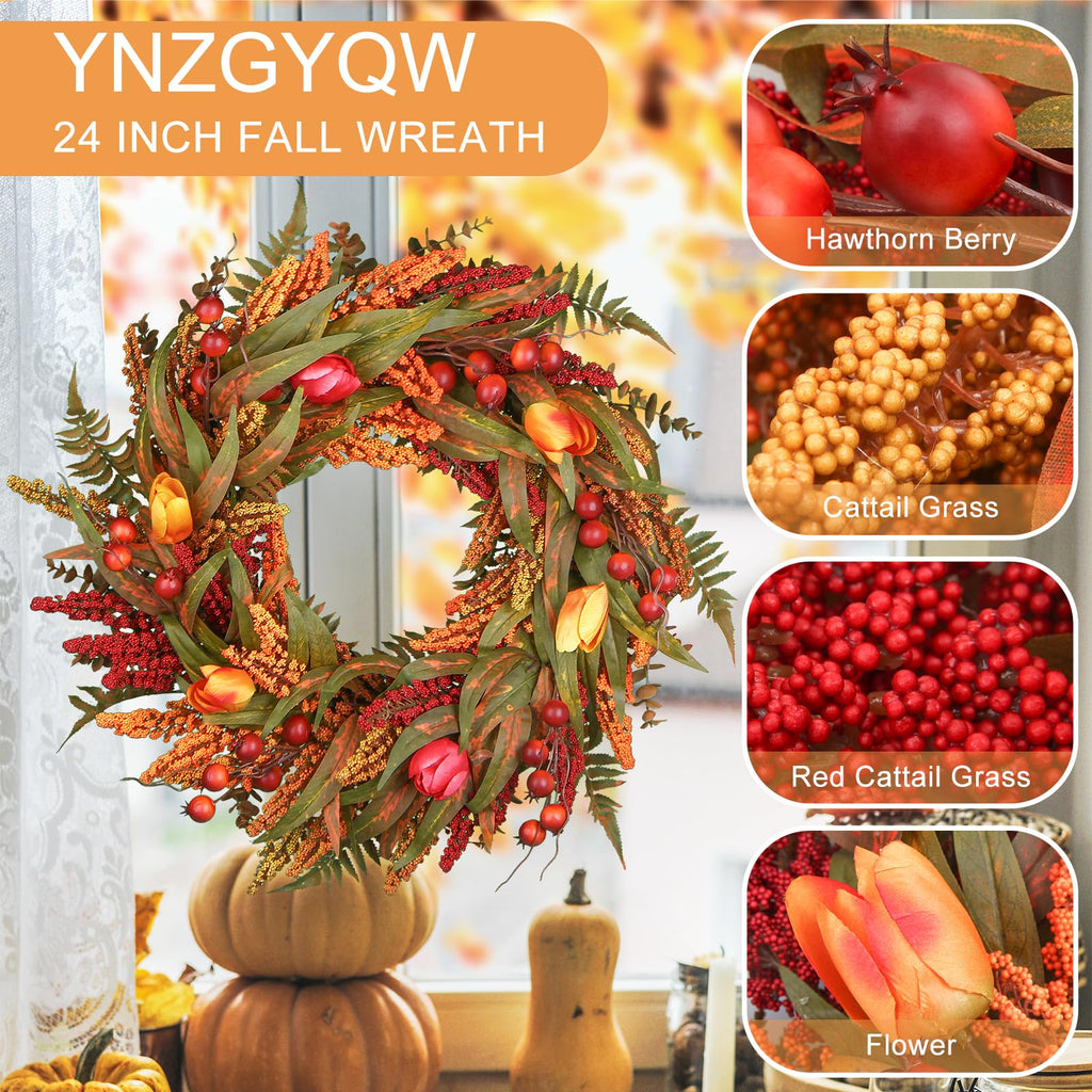 24" Fall Wreath for Front Door, Cattails Berries Thanksgiving Autumn Wreaths