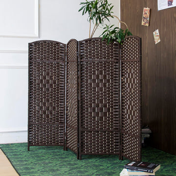4 Panel Dark Brown Rattan Room Divider, 47.2" Low Height Double-Sided Folding Privacy Screen, Freestanding Partition