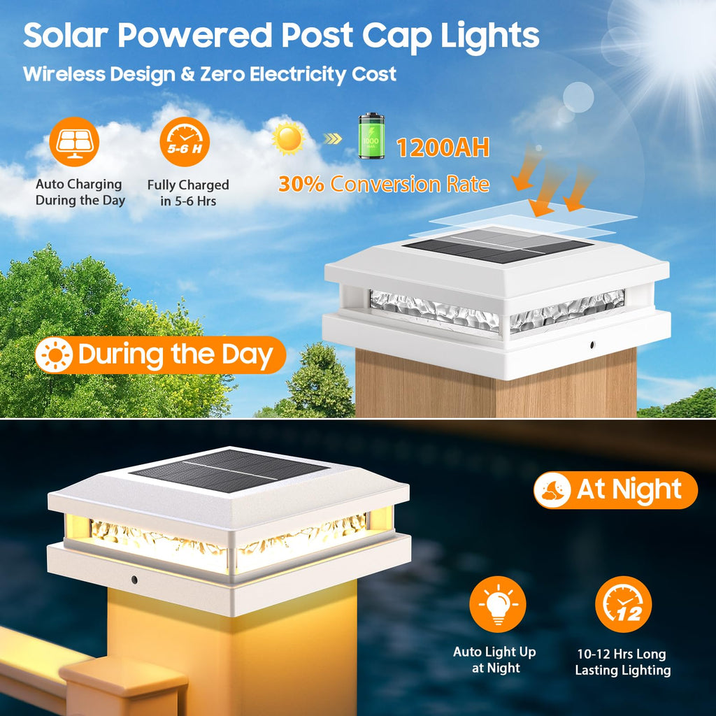 Solar Post Cap Lights 8 Pack for 4x4 4.5x4.5 5x5 Vinyl/Wood Posts, White