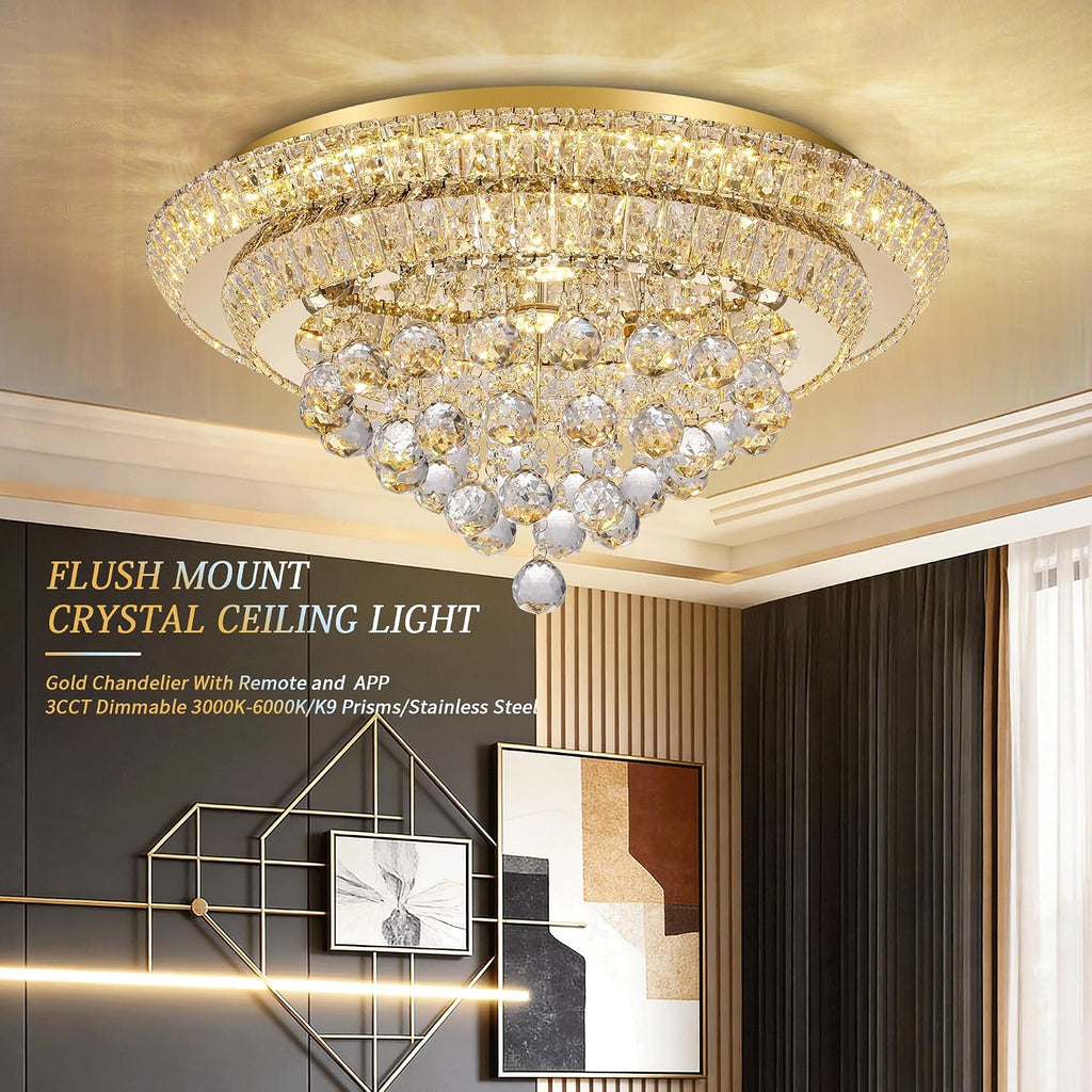 24 inch Crystal Chandeliers With Remote and APP Control, Modern Luxury Flush Mount Gold Chandelier, 3CCT Dimmable