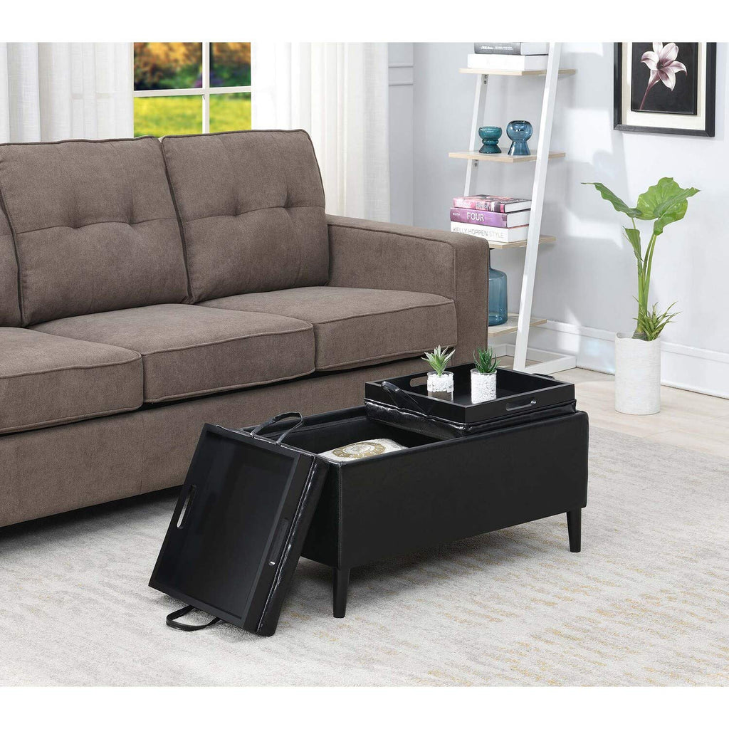 Designs4Comfort Magnolia Storage Ottoman with Reversible Trays, Black Faux Leather