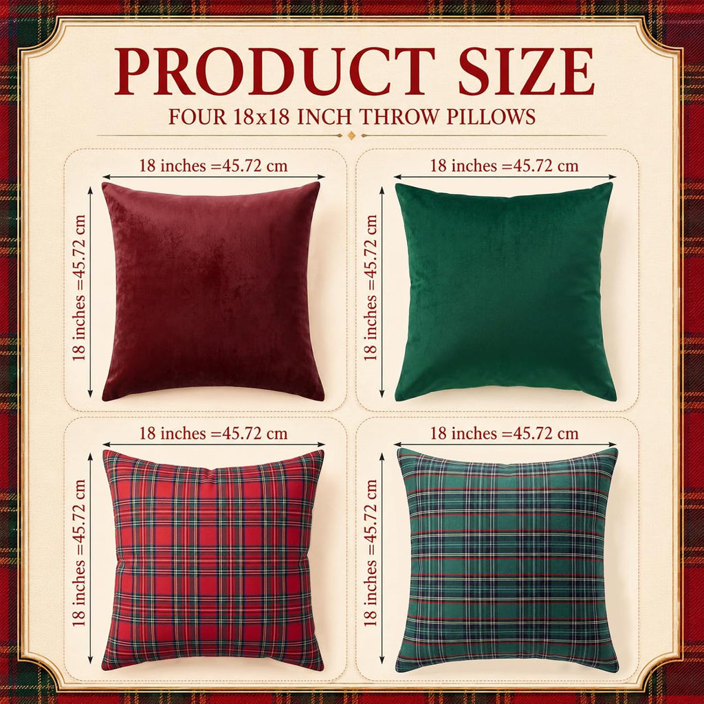 Christmas Pillow Covers Scottish Tartan Velvet Fabric Decorative Cushion Covers Christmas Decor for Xmas Favors - Set of 4