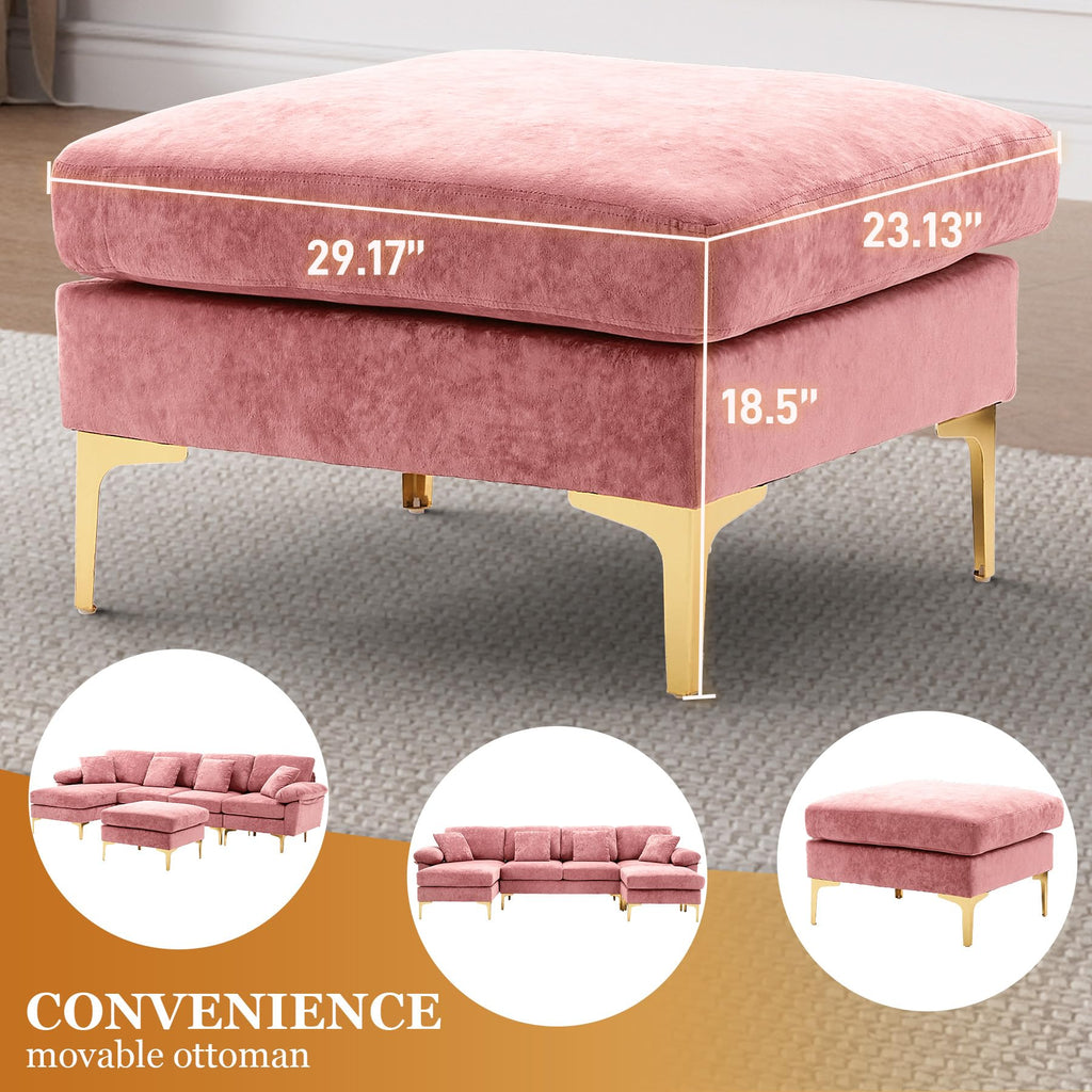 114" U-Shaped Sectional Couch with Ottoman, Pink