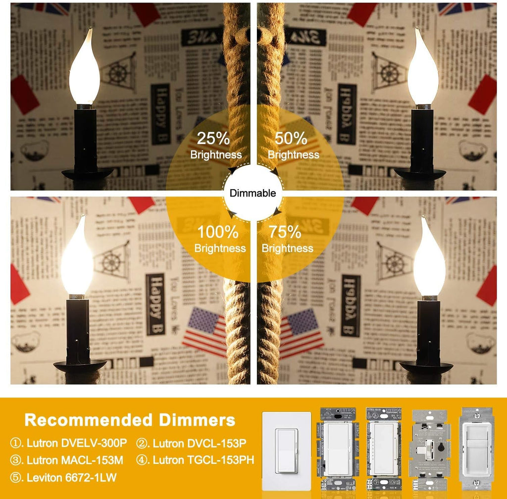 6W E12 Dimmable LED Candelabra Bulb CA11 3200K Soft White, 8 Pack