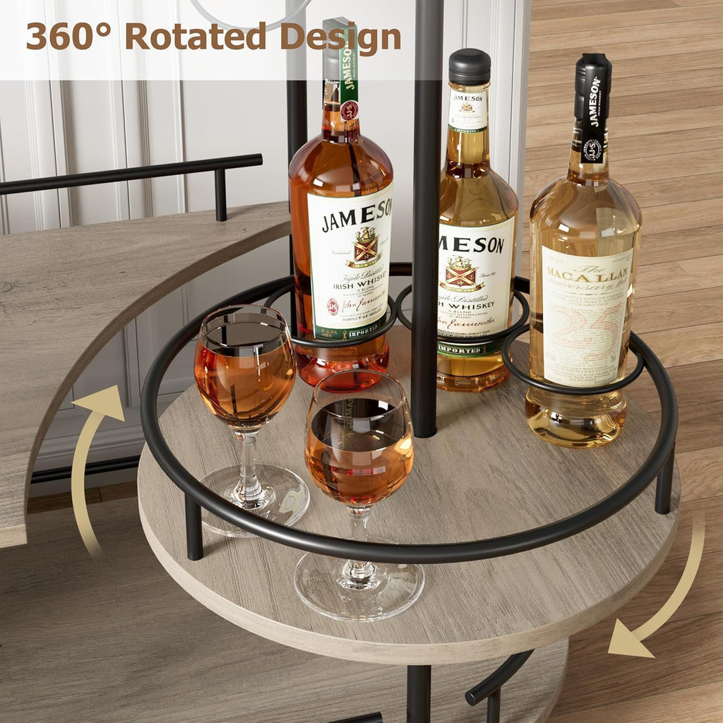 3-Tier Rolling Bar Cart with 360° Rotating Wine Storage Shelf, Mobile Home Bar Serving Cart with Wine Glass Holder &