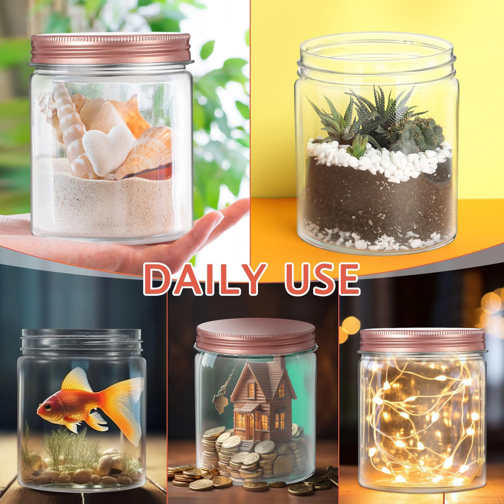 24 Pcs 8 oz Plastic Jars with Lids Clear Round Food Jars with Rose Gold Lids Plastic Mason Jars Stackable Refillable