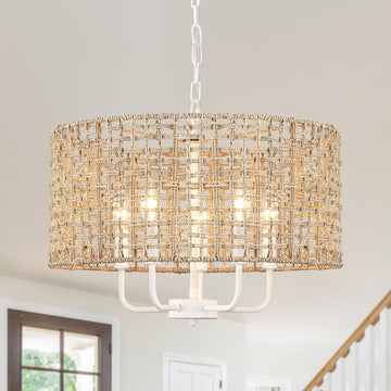 Rattan Chandelier 5-Light Farmhouse Boho Pendant Light Fixture Brown and White Woven Chandeliers for Ceiling