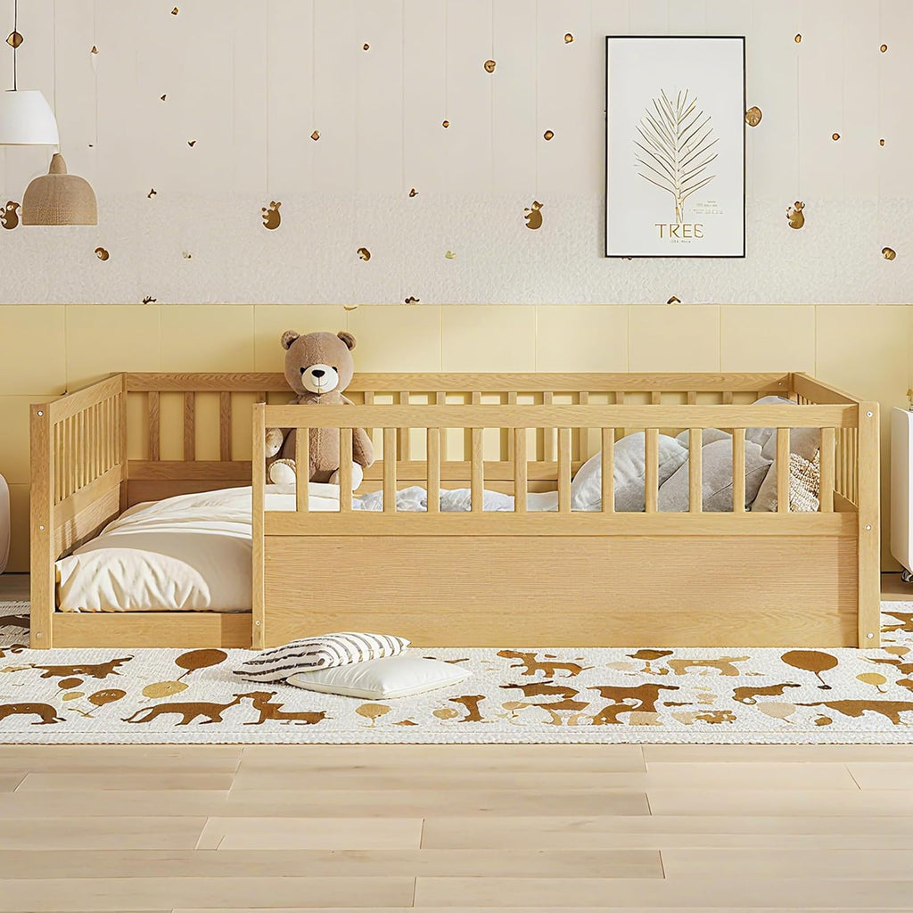 Full Size Floor Bed Frame with 21.4" High Fence, Solid Wood Low Platform Montessori Floor Bed Full for Kids, No Box