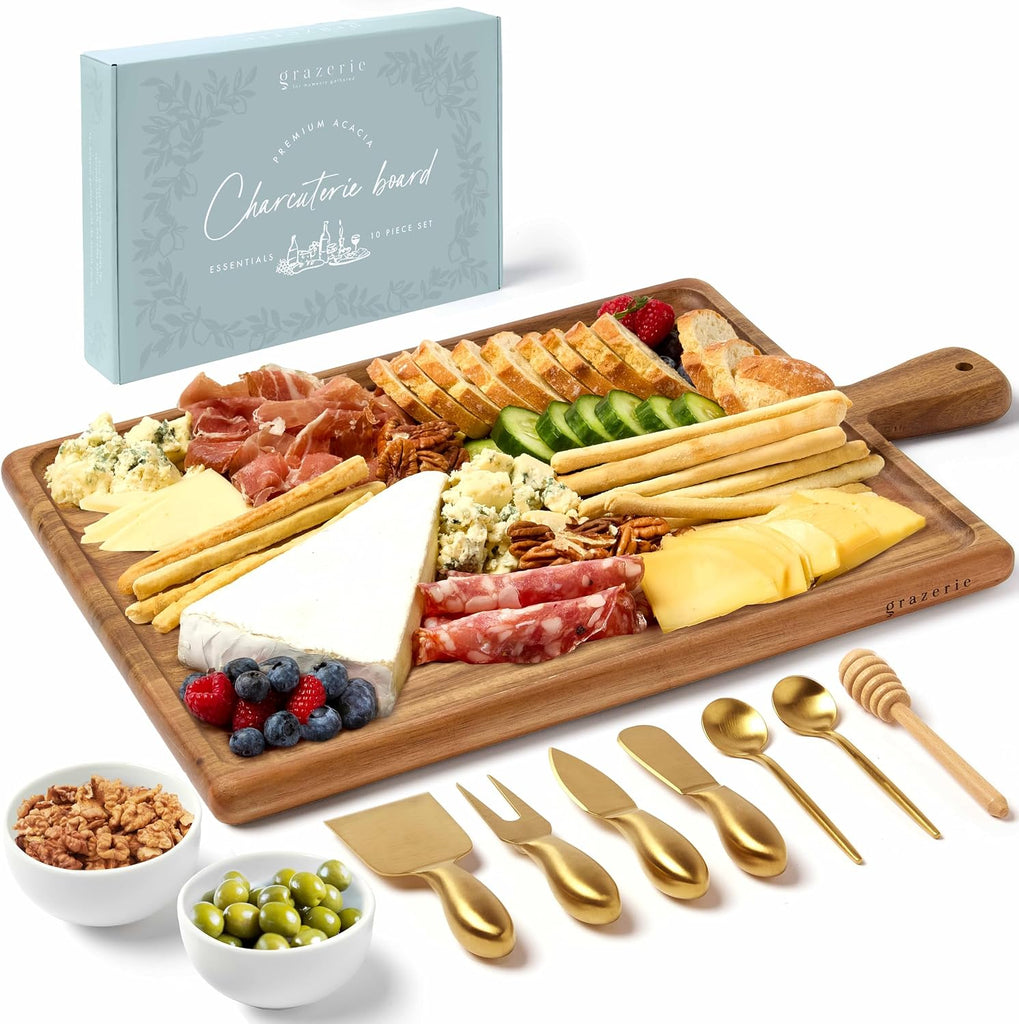 Charcuterie Board Set - Acacia Cheese Board Serving Tray with Accessories - House Warming Gifts for New Home, Bridal