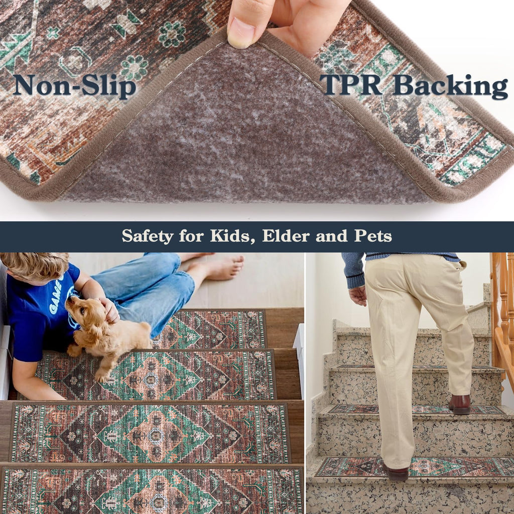 Non Slip Indoor 15 Pack 8" X 30" Carpet Treads for Wood Stairs, Washable Self Adhesive Stair Runners Soft Surface