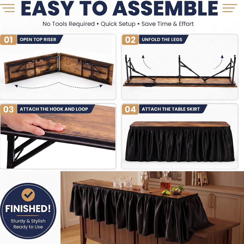 Portable Bar Top Riser Tables with Skirt, Black Skirt, 6 ft, Rustic Brown