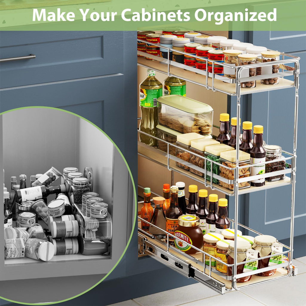 Pull Out Cabinet Organizer Spice Rack for Narrow Cabinet 5" W x 201⁄2" D, Slide Out Wood Shelves Storage