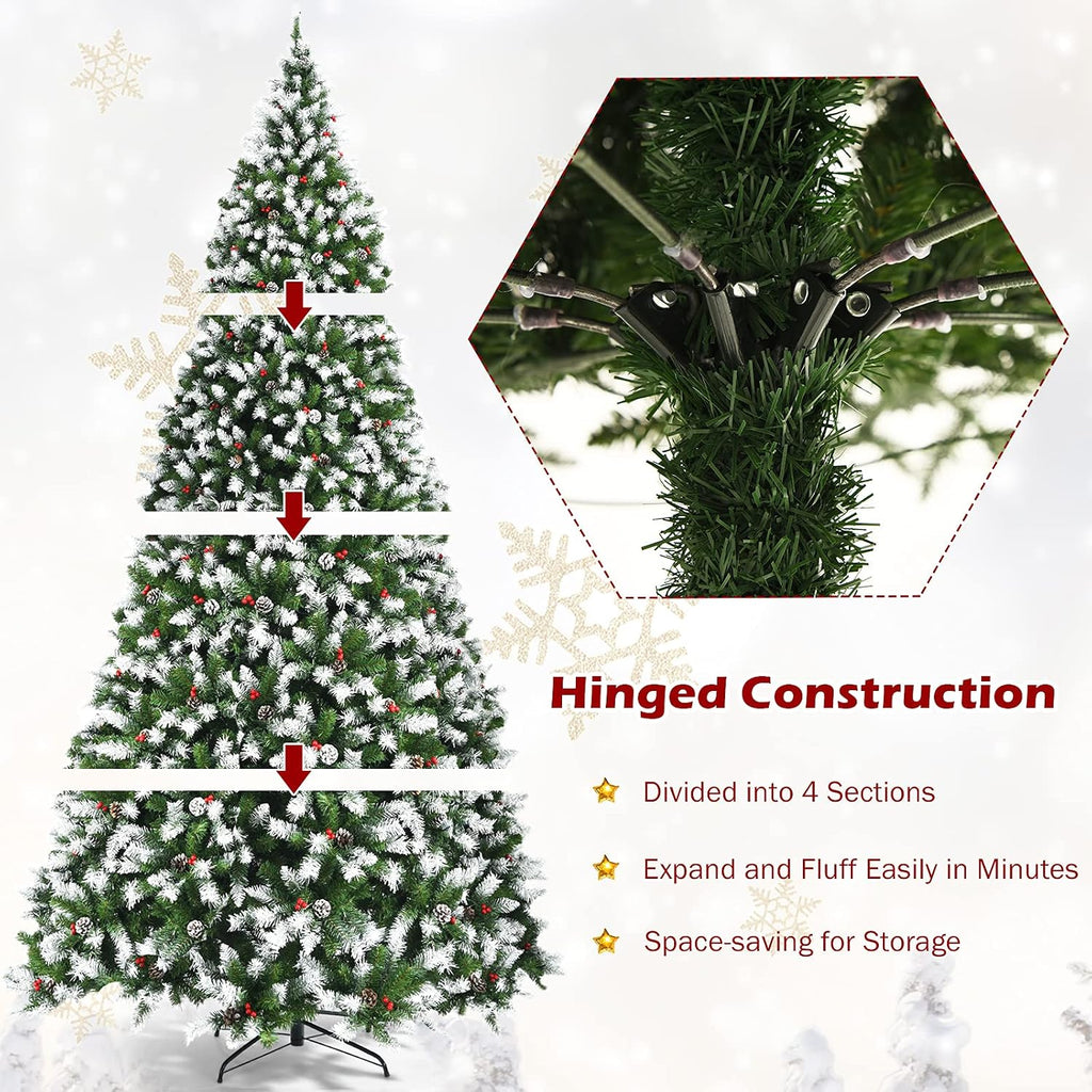 Pre-lit Artificial Christmas Tree, Hinged Snow Flocked Xmas Tree w/Pine Cones, Red Berries & 900 LED Lights, 8