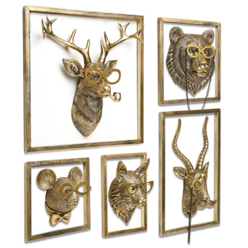 Animal Heads Wall Decor (5pcs, Includes Metal Frame) Resin Animals Sculptures Head Wall Hanging Decoration Gold