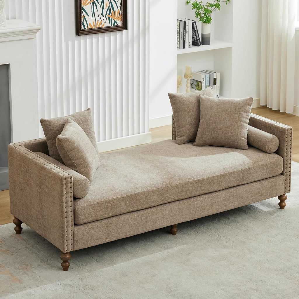 75.2" Oversized Chaise Lounge, Chenille End of Bed Bench with Tufted Arms, Sleeper Sofa Daybed with 4 Pillows