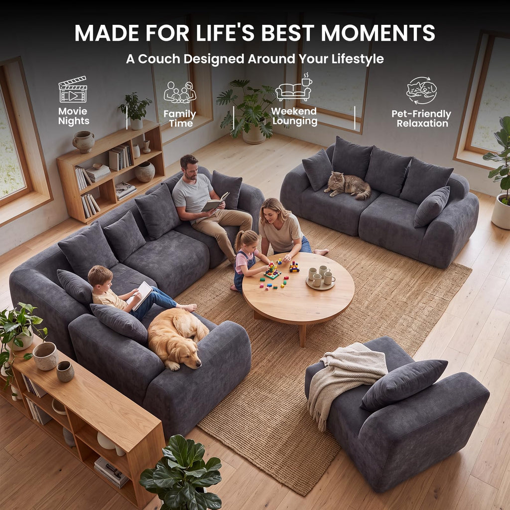 118-Inch Oversized Cloud Sectional, Velvet Boneless L-Shaped Couch with Curved Chaise, Compression Memory Foam