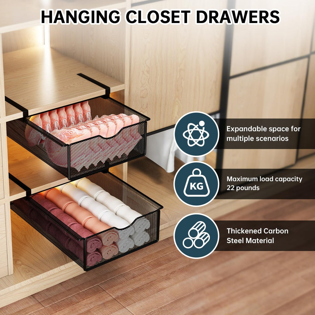 2 Pack Underwear Sock Drawer Organizer Set, Pull-Out Storage Baskets for Bra & Clothing, Closet & Dorm Room