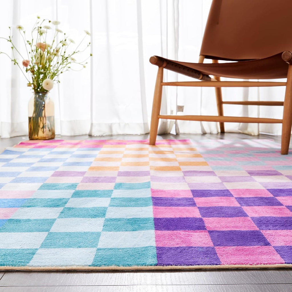 Multicolored Checkerboard Washable Rug Ultra Thin Retro Aesthetic Funky Area Rugs Carpet for Living Dining Room