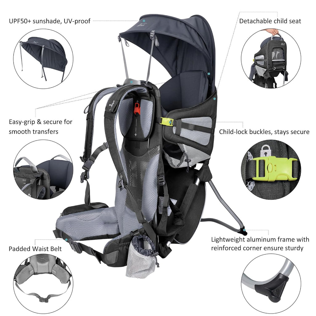 Backpack Carrier, Toddler Hiking Backpack Carrier with Sunshade, Black