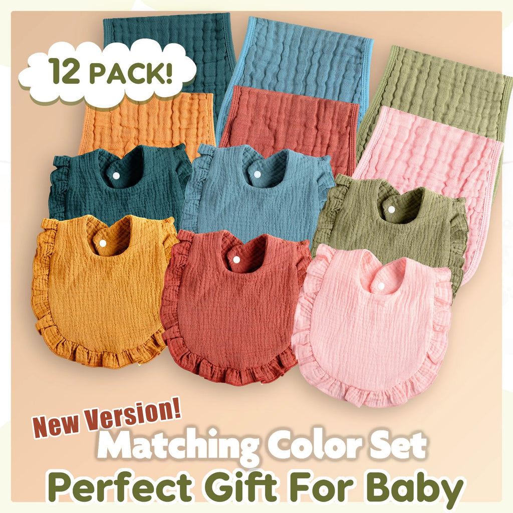 12 Pcs Baby Muslin Bibs and Burp Cloths Set, Cotton, Multicolor