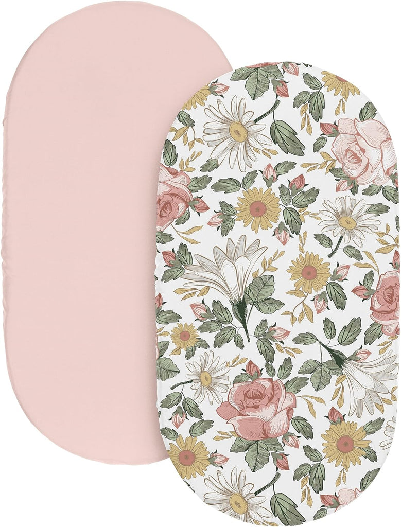 2-Piece Baby Bassinet Sheets Set (Boho Vintage Floral) for Girls, Infant Newborn Nursery, Oval, Rectangle & Hourglass