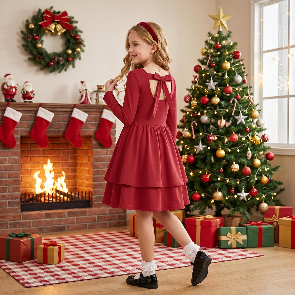 Girls Fall Dress Long Sleeve Tie Back Pockets School Party