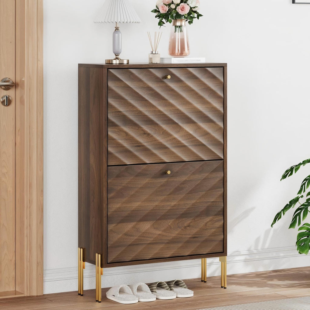 Shoe Storage Cabinet with Textured Diagonal Lines Doors 2 Flip Drawers, Walnut Narrow Shoe Cabinet Storage