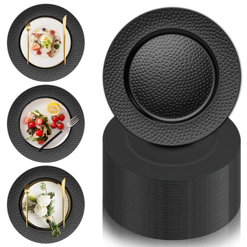 50 Pcs Hammered Black Charger Plates, 13" Black Chargers for Dinner Plates, Plastic Reusable Round Charger Plate for