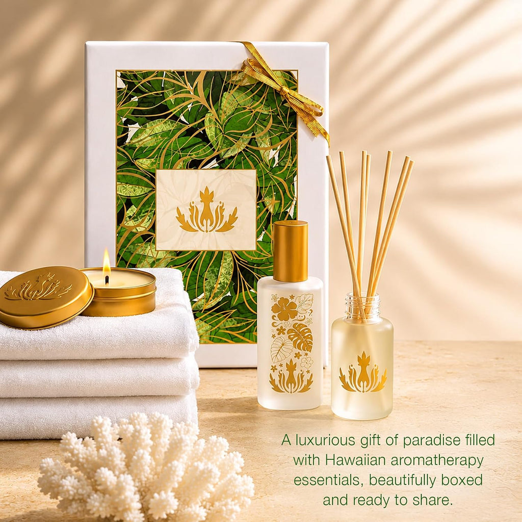 Home Ambiance Gift Box, Koke'e, Hawaiian Aromatherapy Gift Set with Reed Diffuser, Ambiance Mist + Soy Candle