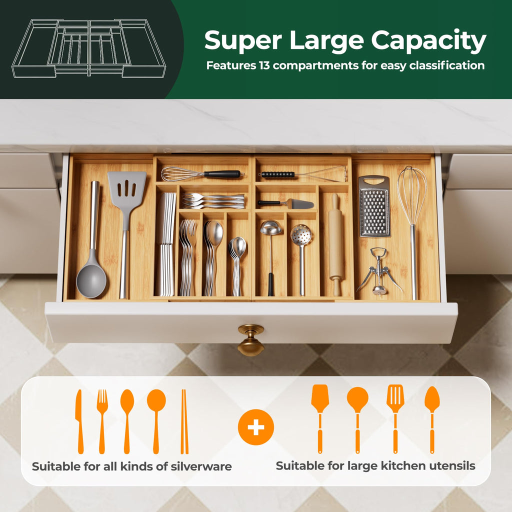 Large Silverware Organizer, 13 Slots Magnetic Connected Expandable Bamboo Utensil Drawer Organizer From 21 to 37.4