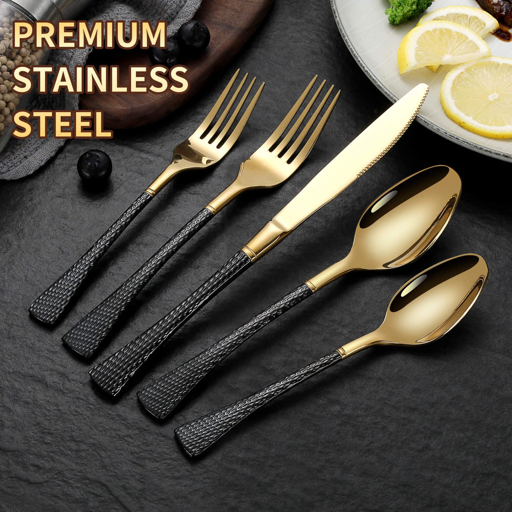 Hammered Black Gold Silverware Set,30 Piece Modern Flatware Set Service for 6,Mirror Polished Stainless Steel Cutlery