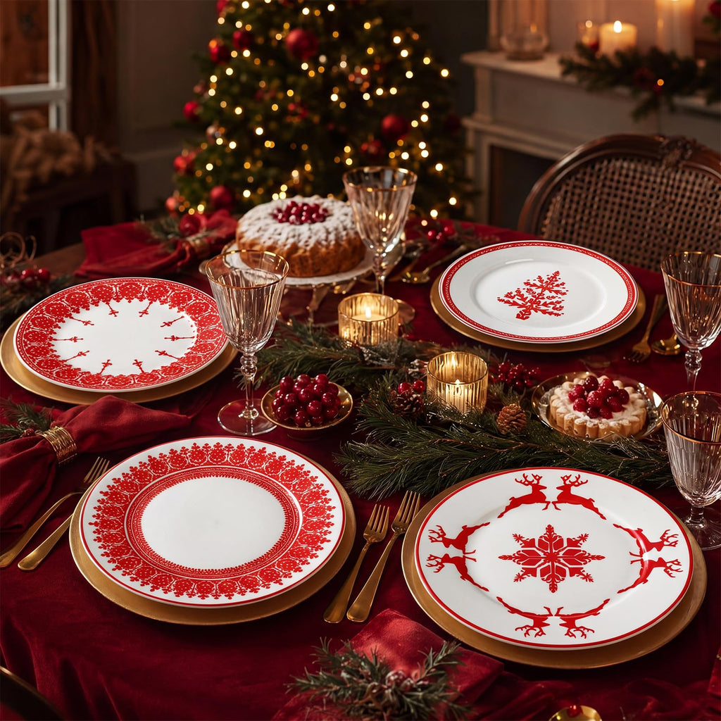 4 Pcs Red Christmas Ceramic Plates 9 Inch Salad Dish Serving Set